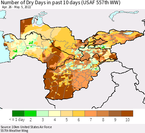 Central Asia Number of Dry Days in past 10 days (USAF 557th WW) Thematic Map For 5/1/2022 - 5/5/2022