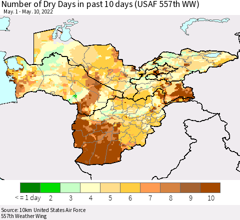 Central Asia Number of Dry Days in past 10 days (USAF 557th WW) Thematic Map For 5/6/2022 - 5/10/2022