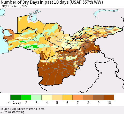 Central Asia Number of Dry Days in past 10 days (USAF 557th WW) Thematic Map For 5/11/2022 - 5/15/2022