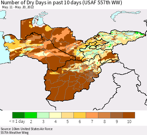Central Asia Number of Dry Days in past 10 days (USAF 557th WW) Thematic Map For 5/16/2022 - 5/20/2022