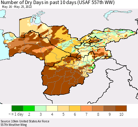Central Asia Number of Dry Days in past 10 days (USAF 557th WW) Thematic Map For 5/21/2022 - 5/25/2022