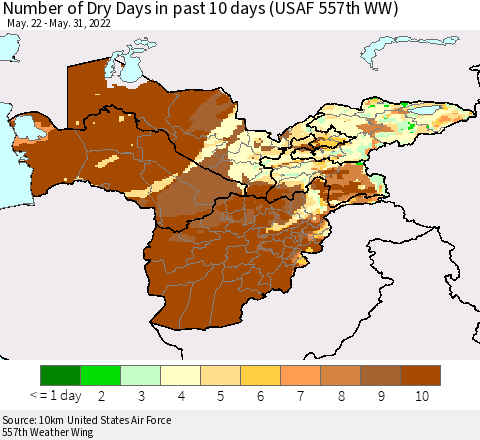 Central Asia Number of Dry Days in past 10 days (USAF 557th WW) Thematic Map For 5/26/2022 - 5/31/2022
