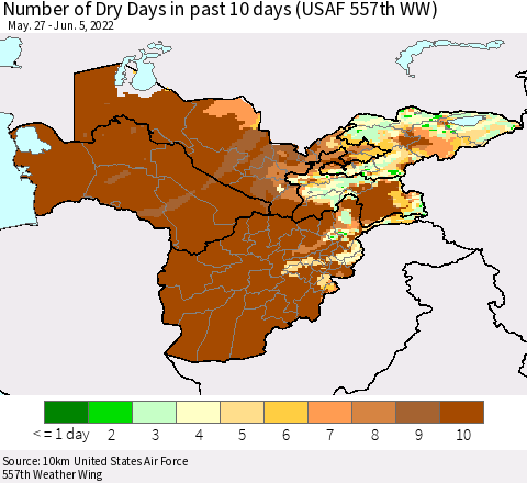 Central Asia Number of Dry Days in past 10 days (USAF 557th WW) Thematic Map For 6/1/2022 - 6/5/2022