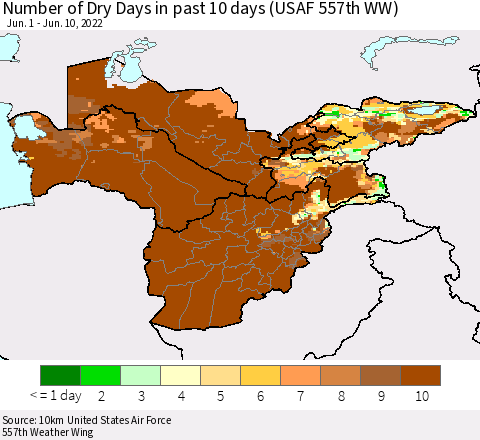 Central Asia Number of Dry Days in past 10 days (USAF 557th WW) Thematic Map For 6/6/2022 - 6/10/2022