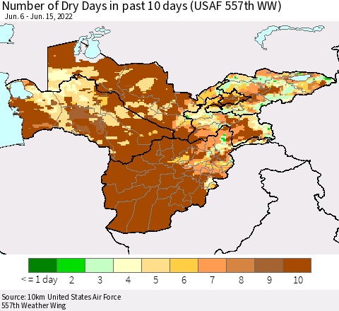 Central Asia Number of Dry Days in past 10 days (USAF 557th WW) Thematic Map For 6/11/2022 - 6/15/2022