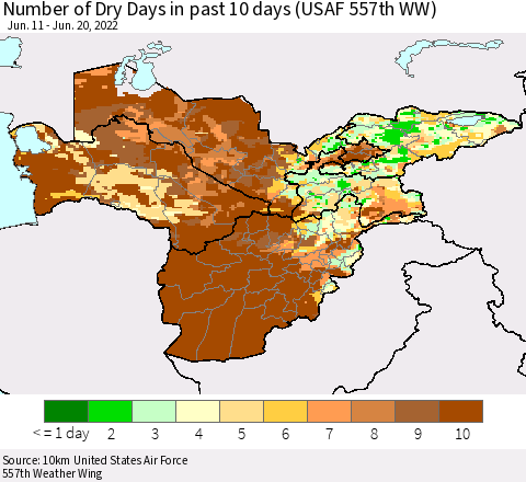 Central Asia Number of Dry Days in past 10 days (USAF 557th WW) Thematic Map For 6/16/2022 - 6/20/2022