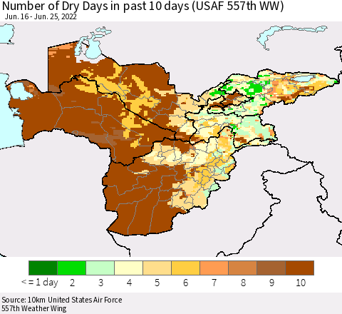 Central Asia Number of Dry Days in past 10 days (USAF 557th WW) Thematic Map For 6/21/2022 - 6/25/2022