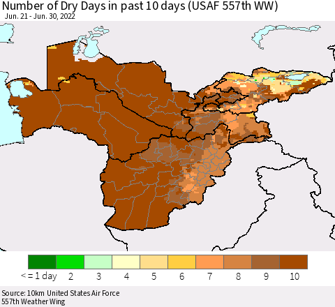 Central Asia Number of Dry Days in past 10 days (USAF 557th WW) Thematic Map For 6/26/2022 - 6/30/2022