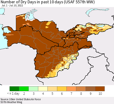 Central Asia Number of Dry Days in past 10 days (USAF 557th WW) Thematic Map For 7/6/2022 - 7/10/2022