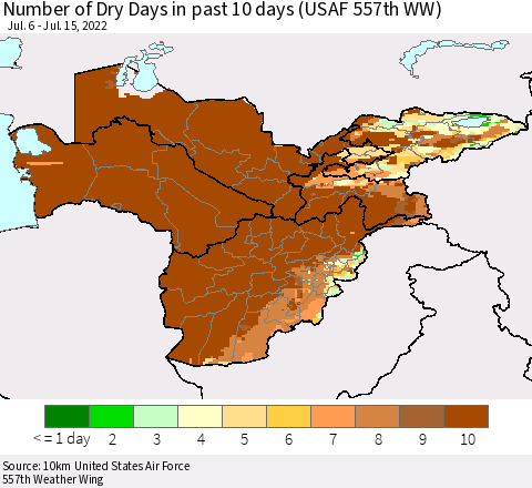 Central Asia Number of Dry Days in past 10 days (USAF 557th WW) Thematic Map For 7/11/2022 - 7/15/2022