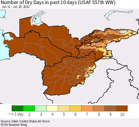 Central Asia Number of Dry Days in past 10 days (USAF 557th WW) Thematic Map For 7/16/2022 - 7/20/2022