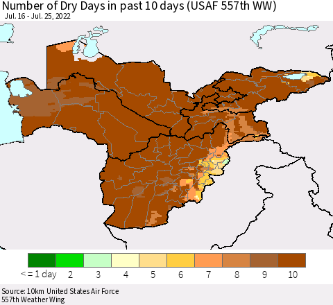 Central Asia Number of Dry Days in past 10 days (USAF 557th WW) Thematic Map For 7/21/2022 - 7/25/2022