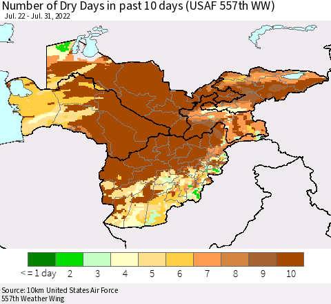 Central Asia Number of Dry Days in past 10 days (USAF 557th WW) Thematic Map For 7/26/2022 - 7/31/2022