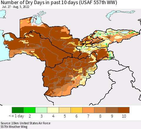 Central Asia Number of Dry Days in past 10 days (USAF 557th WW) Thematic Map For 8/1/2022 - 8/5/2022