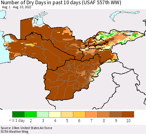 Central Asia Number of Dry Days in past 10 days (USAF 557th WW) Thematic Map For 8/6/2022 - 8/10/2022