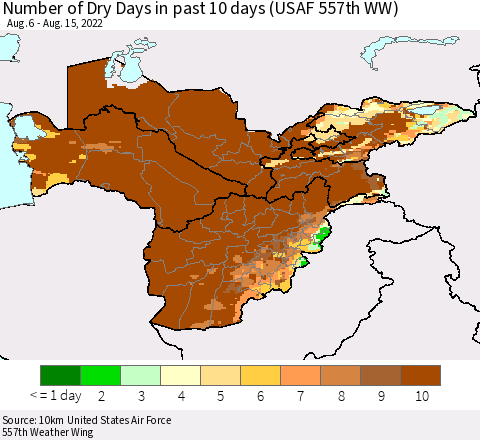 Central Asia Number of Dry Days in past 10 days (USAF 557th WW) Thematic Map For 8/11/2022 - 8/15/2022