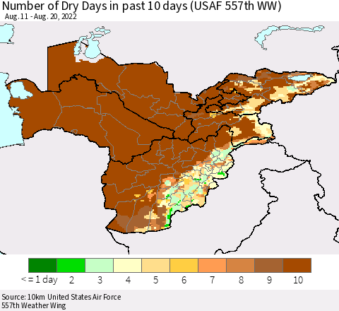 Central Asia Number of Dry Days in past 10 days (USAF 557th WW) Thematic Map For 8/16/2022 - 8/20/2022