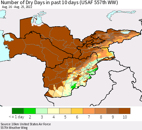Central Asia Number of Dry Days in past 10 days (USAF 557th WW) Thematic Map For 8/21/2022 - 8/25/2022