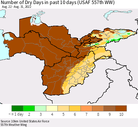 Central Asia Number of Dry Days in past 10 days (USAF 557th WW) Thematic Map For 8/26/2022 - 8/31/2022
