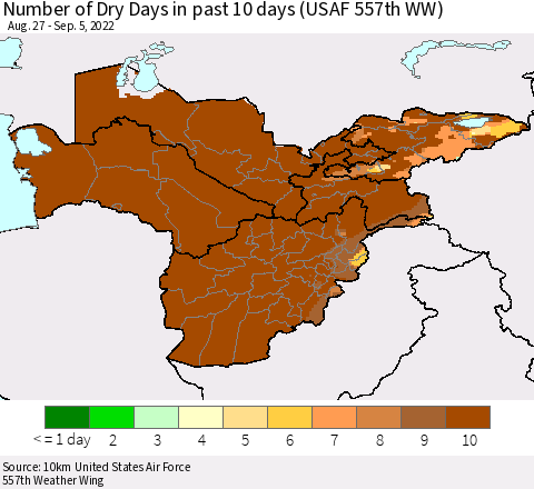 Central Asia Number of Dry Days in past 10 days (USAF 557th WW) Thematic Map For 9/1/2022 - 9/5/2022