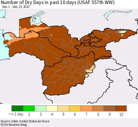 Central Asia Number of Dry Days in past 10 days (USAF 557th WW) Thematic Map For 9/6/2022 - 9/10/2022