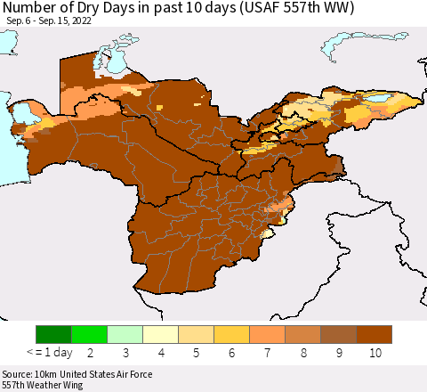 Central Asia Number of Dry Days in past 10 days (USAF 557th WW) Thematic Map For 9/11/2022 - 9/15/2022