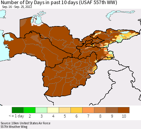 Central Asia Number of Dry Days in past 10 days (USAF 557th WW) Thematic Map For 9/21/2022 - 9/25/2022
