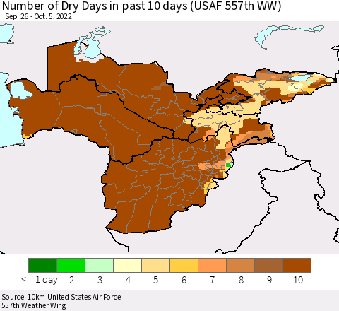 Central Asia Number of Dry Days in past 10 days (USAF 557th WW) Thematic Map For 10/1/2022 - 10/5/2022