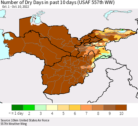 Central Asia Number of Dry Days in past 10 days (USAF 557th WW) Thematic Map For 10/6/2022 - 10/10/2022