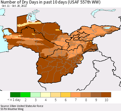 Central Asia Number of Dry Days in past 10 days (USAF 557th WW) Thematic Map For 10/16/2022 - 10/20/2022