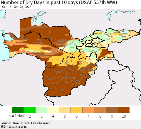 Central Asia Number of Dry Days in past 10 days (USAF 557th WW) Thematic Map For 10/21/2022 - 10/25/2022