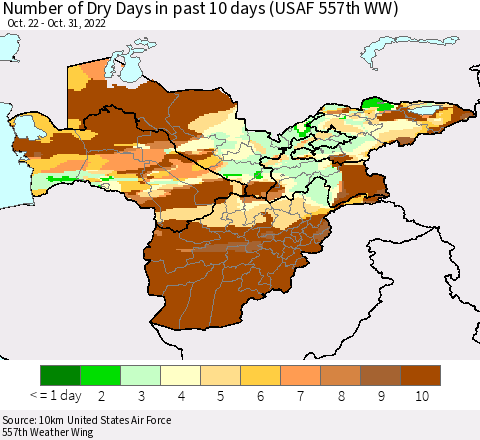 Central Asia Number of Dry Days in past 10 days (USAF 557th WW) Thematic Map For 10/26/2022 - 10/31/2022