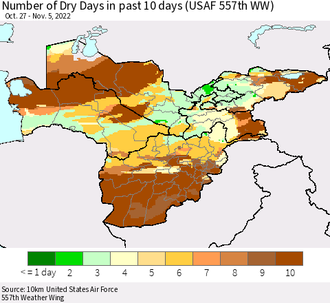 Central Asia Number of Dry Days in past 10 days (USAF 557th WW) Thematic Map For 11/1/2022 - 11/5/2022