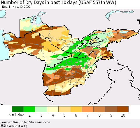Central Asia Number of Dry Days in past 10 days (USAF 557th WW) Thematic Map For 11/6/2022 - 11/10/2022