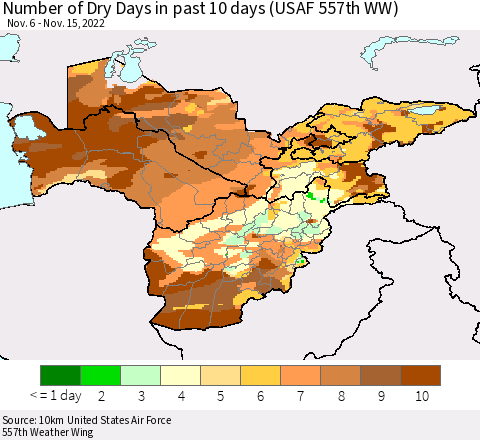 Central Asia Number of Dry Days in past 10 days (USAF 557th WW) Thematic Map For 11/11/2022 - 11/15/2022