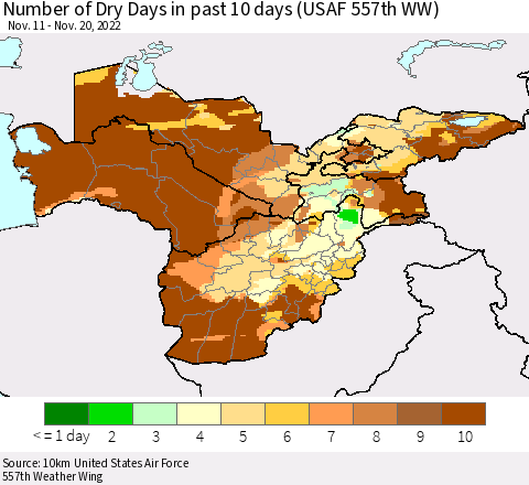 Central Asia Number of Dry Days in past 10 days (USAF 557th WW) Thematic Map For 11/16/2022 - 11/20/2022