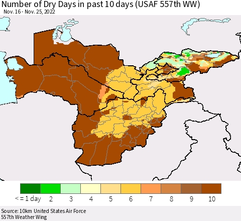 Central Asia Number of Dry Days in past 10 days (USAF 557th WW) Thematic Map For 11/21/2022 - 11/25/2022