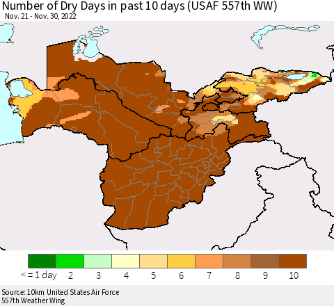 Central Asia Number of Dry Days in past 10 days (USAF 557th WW) Thematic Map For 11/26/2022 - 11/30/2022