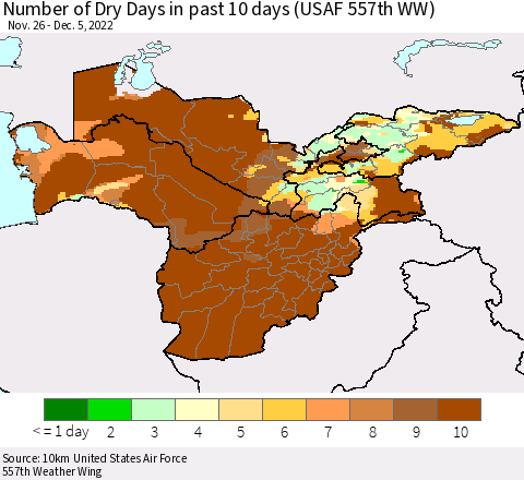 Central Asia Number of Dry Days in past 10 days (USAF 557th WW) Thematic Map For 12/1/2022 - 12/5/2022