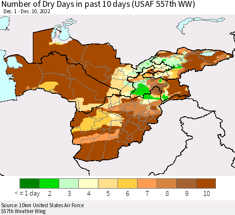 Central Asia Number of Dry Days in past 10 days (USAF 557th WW) Thematic Map For 12/6/2022 - 12/10/2022