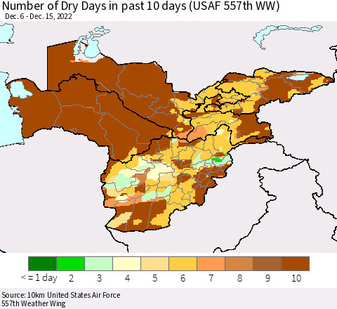 Central Asia Number of Dry Days in past 10 days (USAF 557th WW) Thematic Map For 12/11/2022 - 12/15/2022