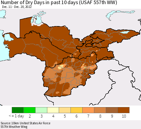 Central Asia Number of Dry Days in past 10 days (USAF 557th WW) Thematic Map For 12/16/2022 - 12/20/2022