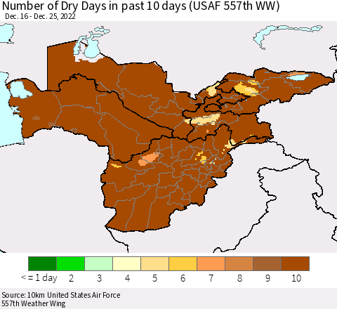 Central Asia Number of Dry Days in past 10 days (USAF 557th WW) Thematic Map For 12/21/2022 - 12/25/2022