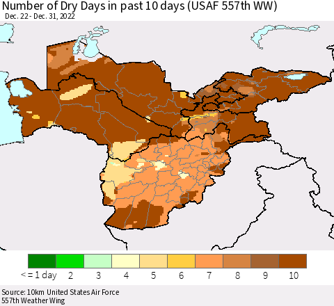 Central Asia Number of Dry Days in past 10 days (USAF 557th WW) Thematic Map For 12/26/2022 - 12/31/2022