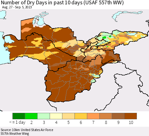 Central Asia Number of Dry Days in past 10 days (USAF 557th WW) Thematic Map For 9/1/2023 - 9/5/2023