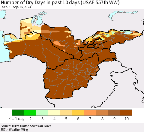 Central Asia Number of Dry Days in past 10 days (USAF 557th WW) Thematic Map For 9/11/2023 - 9/15/2023