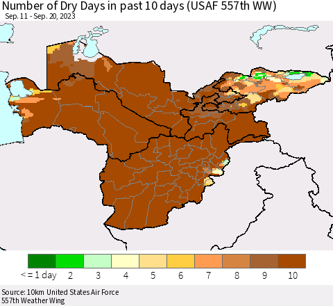 Central Asia Number of Dry Days in past 10 days (USAF 557th WW) Thematic Map For 9/16/2023 - 9/20/2023