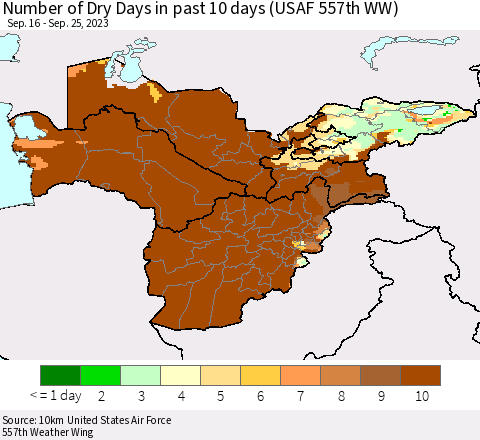 Central Asia Number of Dry Days in past 10 days (USAF 557th WW) Thematic Map For 9/21/2023 - 9/25/2023