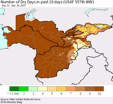 Central Asia Number of Dry Days in past 10 days (USAF 557th WW) Thematic Map For 9/26/2023 - 9/30/2023