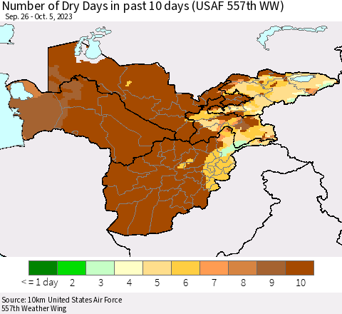 Central Asia Number of Dry Days in past 10 days (USAF 557th WW) Thematic Map For 10/1/2023 - 10/5/2023